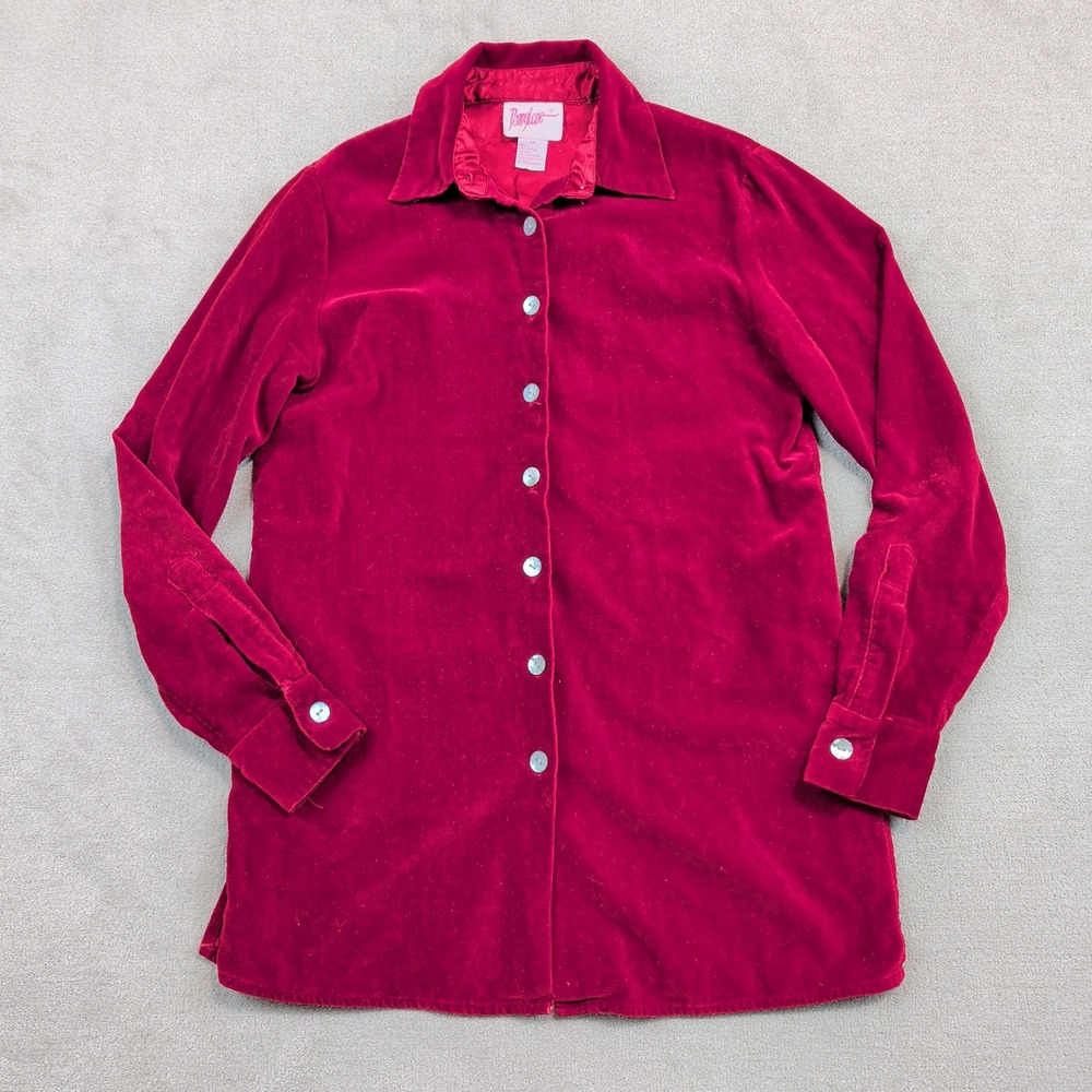 Pennylane Vintage 90s Velvet Button Down Shirt XS Red Cotton Grunge Indie Sleaze